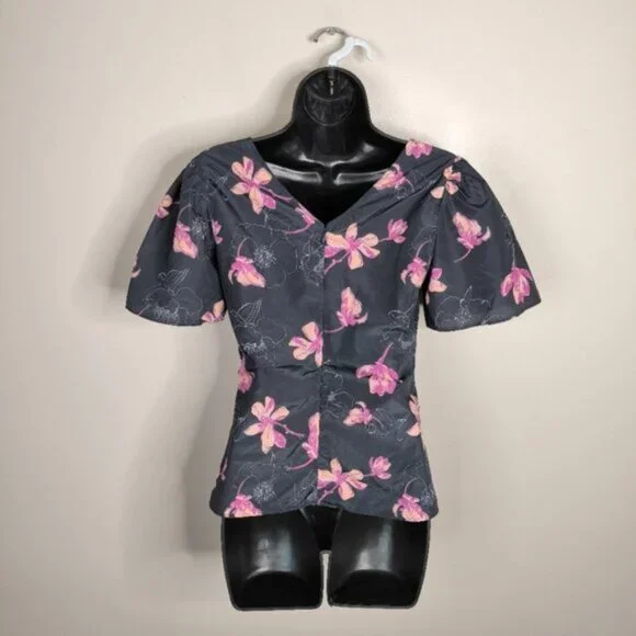 Club Monaco Floral Coquette Prairie Country Ruched Front Woven Top XS - Picture 4 of 12